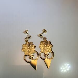 Vintage Gold Floral Drop Earrings with Geometric Triangle, Retro Design